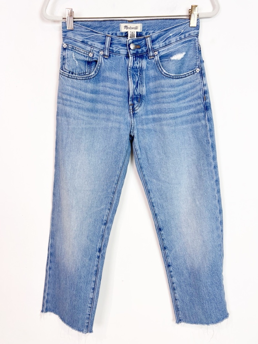 MADEWELL DEAN EAST STRAIGHT BUTTON FLY LIGHT DENIM FRAY HEM CROP JEANS SZ 24